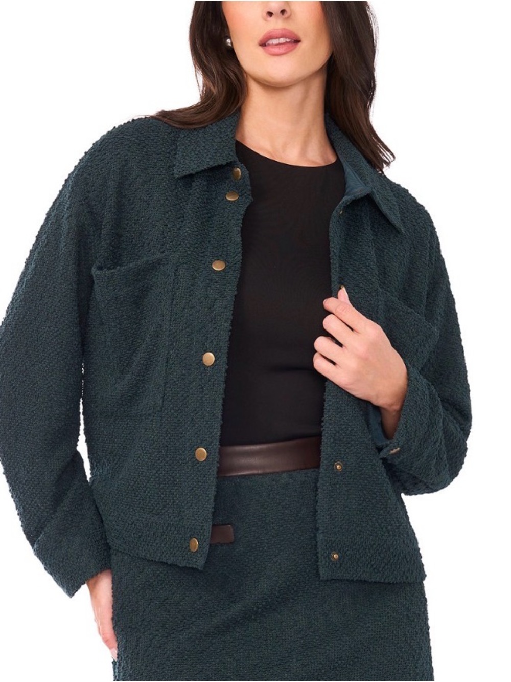Vince Camuto Dark Teal Bouclé Button-Front Teddy Jacket
